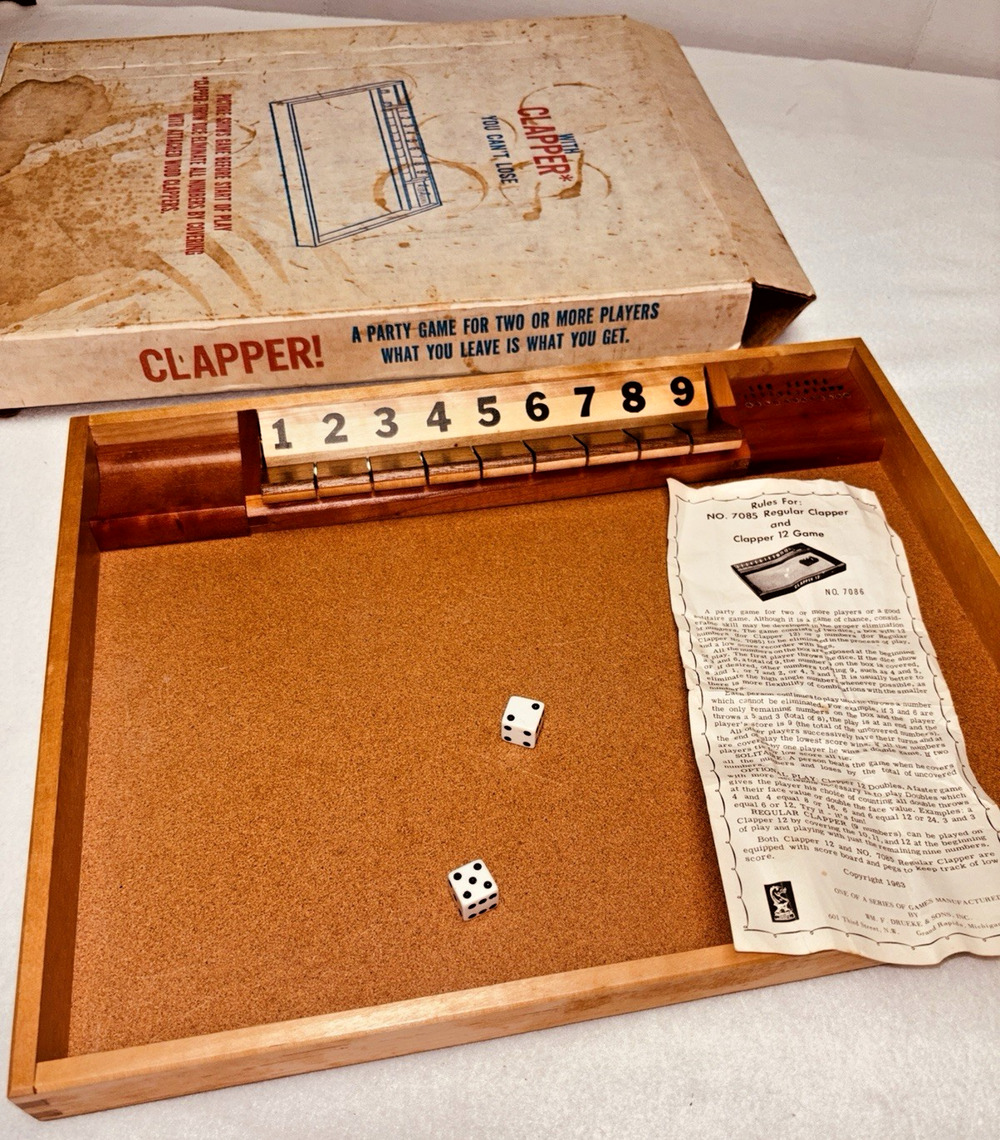 Vtg Drueke & Sons The Clapper Game Board Shut The Box No 7085 Copyright 1963